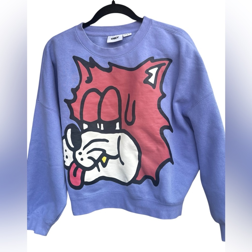 Obey Stray Cat HTF Lavender Fleece Crewneck Oversized Sweatshirt‎